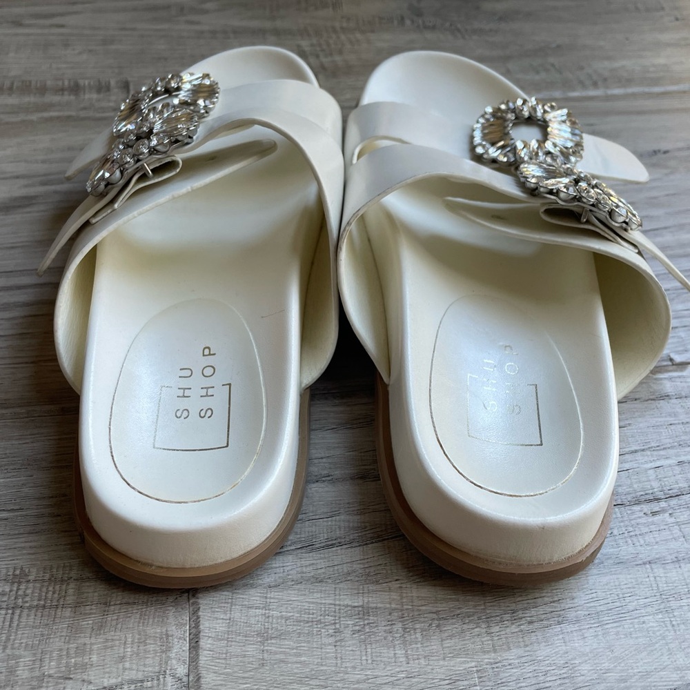 ShuShop Bridget Slide Sandals Cream/Rhinestone Buckle Bridal Feminine Fun SZ 7.5 - Picture 8 of 12